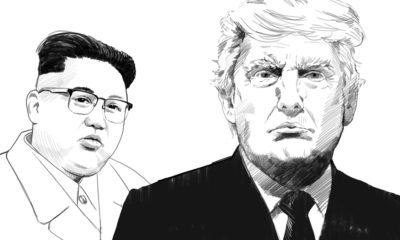 Portrait drawings of North Korea's Kim Jong Un and President Donald Trump