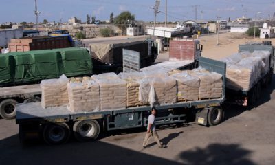 Photo of Palestinian worker next to cargo trucks