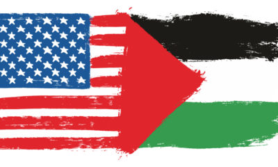 Painted illustration of U.S. and Palestinian flags