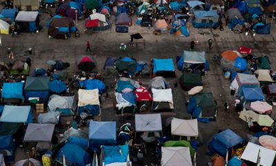 Photo of a large homeless encampment at the Santa Ana Civic Center