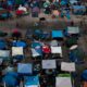 Photo of a large homeless encampment at the Santa Ana Civic Center