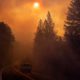 Photo of a car driving through smoke from a wildfire in Pulga, CA