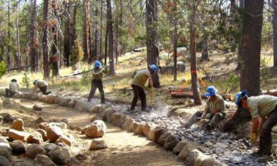 California Conservation Corps members improve a trail in Northern California