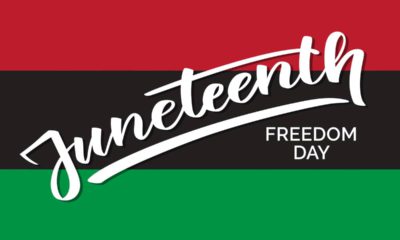 Red, black and green banner with the words "Juneteenth Freedom Day"Blac