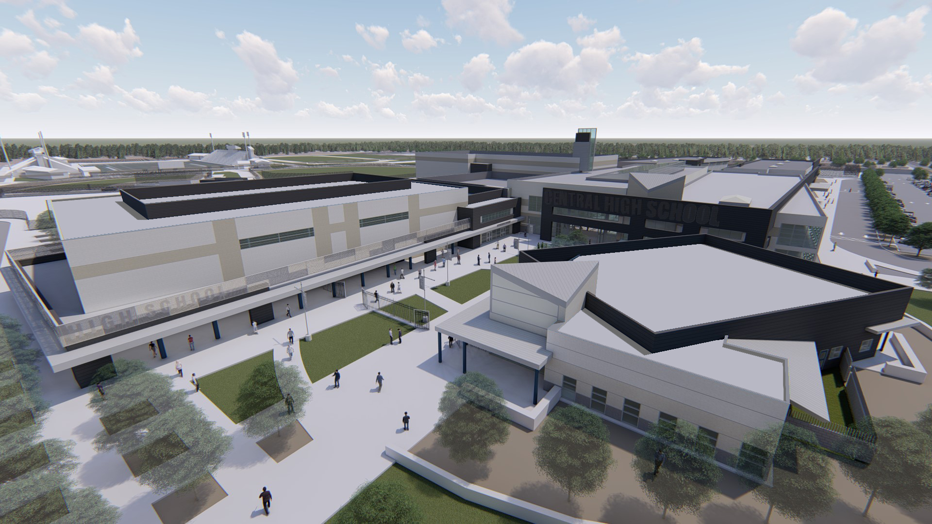 Architectural rendering providing an aerial perspective of Central Unified's new high school