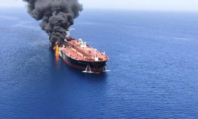 Photo of oil tanker on fire in the sea of Oman