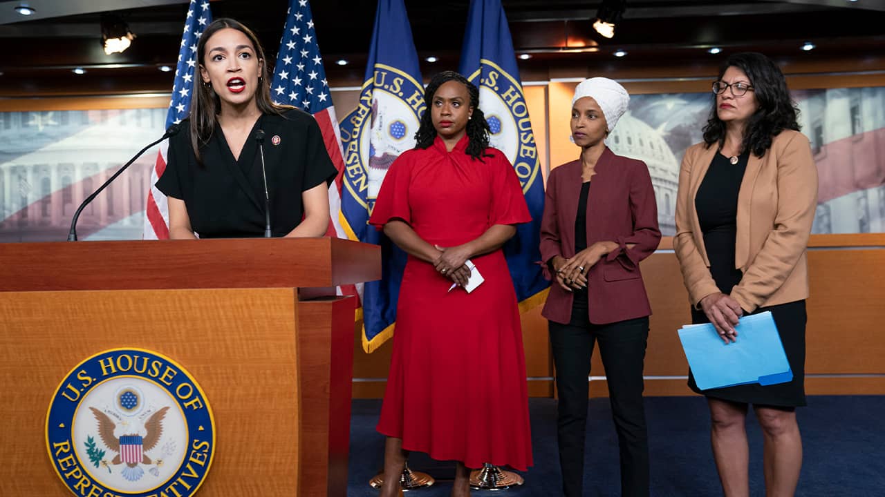 Photo of Rep. Alexandria Ocasio-Cortez, D-N.Y., Rep. Ayanna Pressley, D-Mass., Rep. Ilhan Omar, D-Minn., and Rep. Rashida Tlaib, D-Mich.