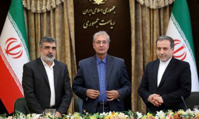 Photo of Behrouz Kamalvandi, Ali Rabiei, and Abbas Araghchi during a press briefing in Tehran, Iran