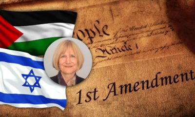 Collage of the First Amendment, Palestinian and Israeli flags, and a portrait of Alison Weir