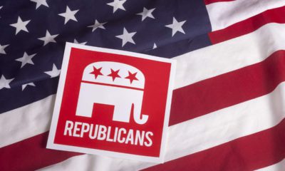 Photo of a Republican sign on an American flag