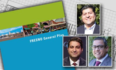 Composite image of Fresno General Plan cover and councilmen Luis Chavez, Miguel Arias, and Mike Karbassi