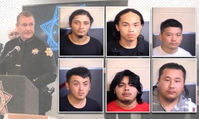 Montage of Fresno Police Chief Andy Hall and six suspects arrested in the slayings of four Hmong men