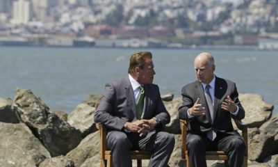 Photo of former Gov. Jerry Brown, right, and former Gov. Arnold Schwarzenegger