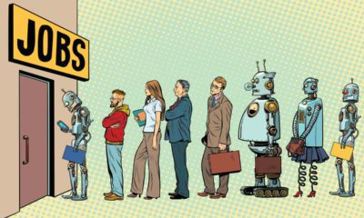 Photo of people and robots waiting in line for jobs