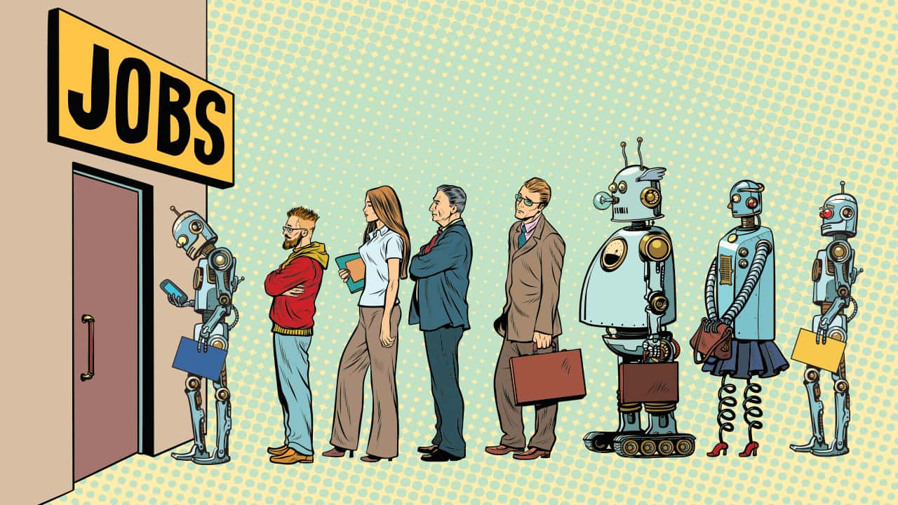 Photo of people and robots waiting in line for jobs