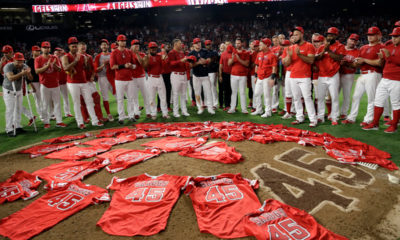 Photo of the Los Angeles Angels with Tyler Skaggs jerseys