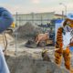 Photo of the Reedley College mascot shoveling dirt during a groundbreaking event