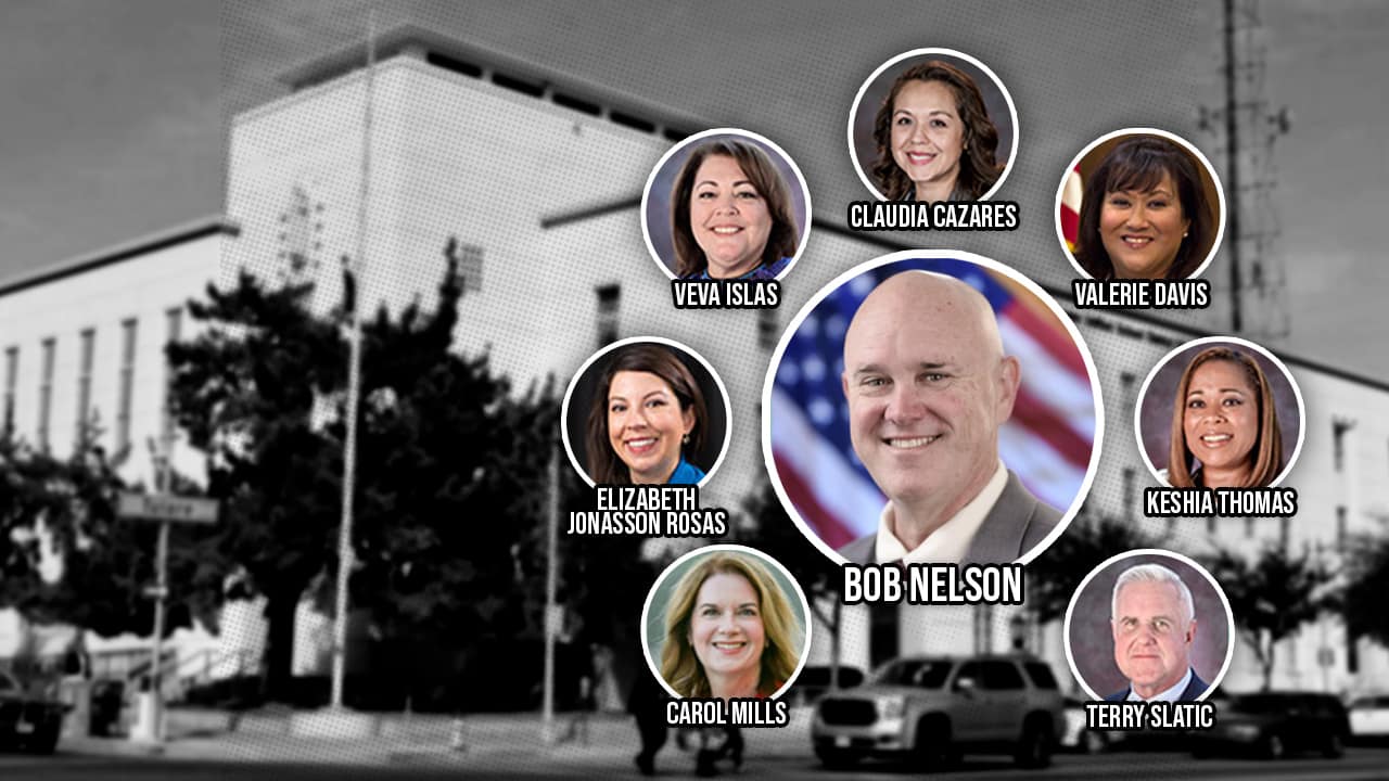 Composite illustration of Fresno Unified Superintendent Bob Nelson and the board of trustees