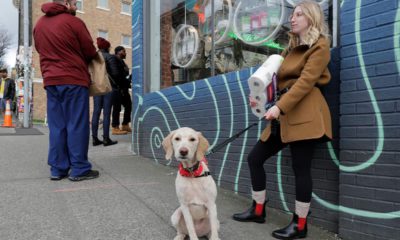 Photo of a woman and her dog waiting in line in Seattle