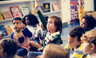 Photo of young students raising their hands in a classroom