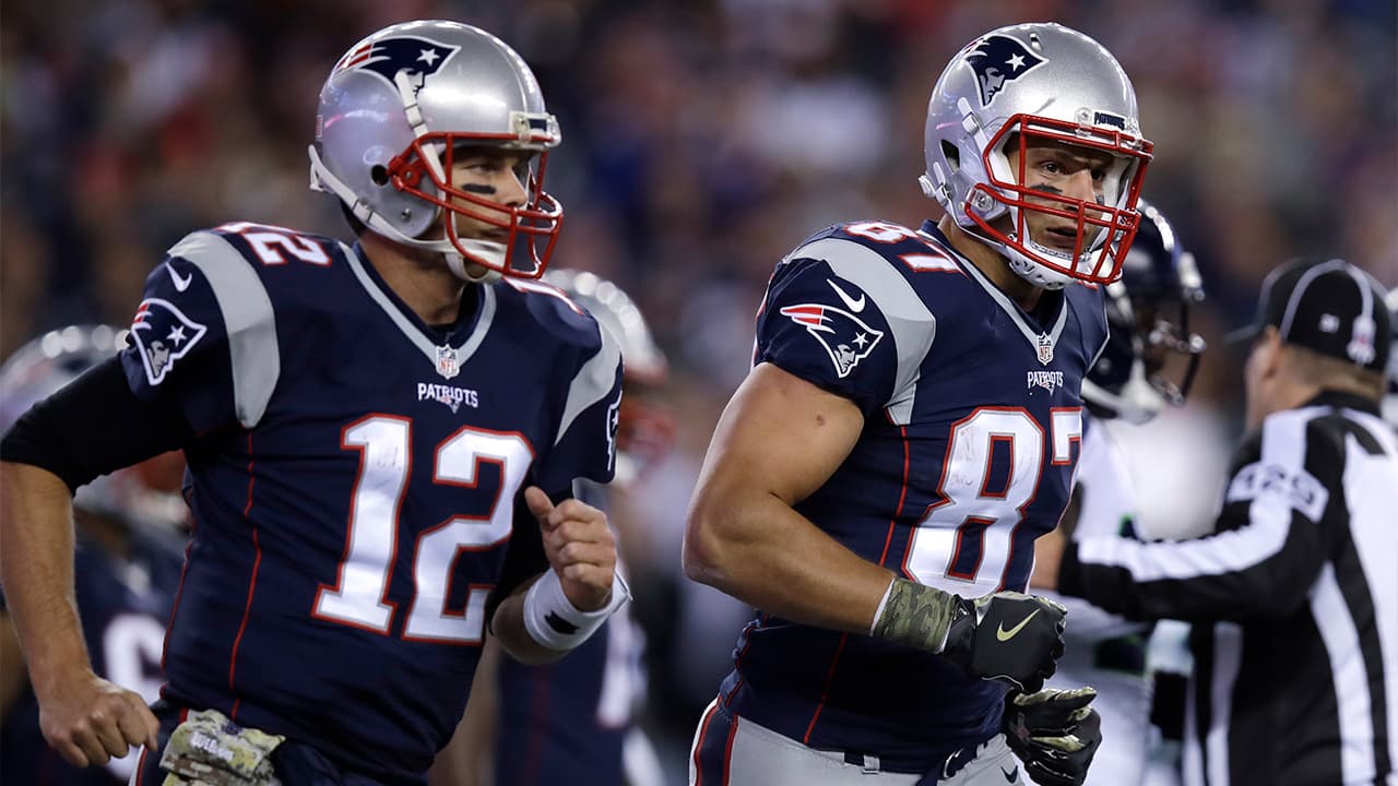 Photo of quarterback Tom Brady (12) and tight end Rob Gronkowski