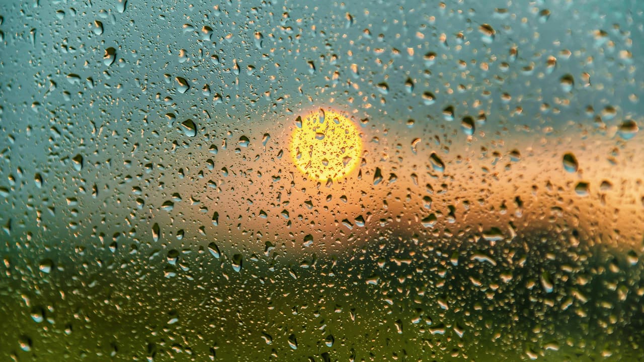 picture of sun poking through raindrops