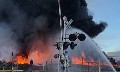 Photo of a tomato processing plant fire in Stockton, California