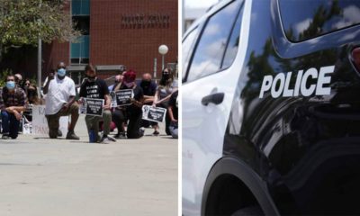 Side-by-side images of Black Lives Matter protesters and a Fresno Police Department cruiser