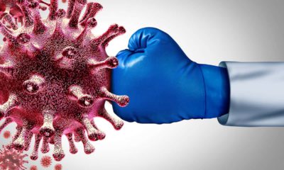 Image of a gloved hand landing a punch against the coronavirus