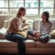 Image of a mother and child talking on a couch