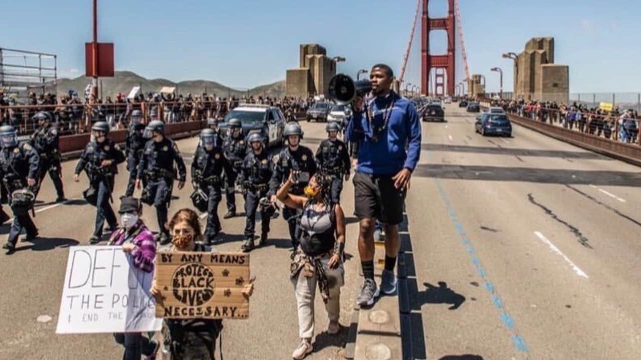 Photo of Shaheed Muhammad at a Golden Gate Bridge protest on Saturday, June 6, 2020. (Maria Dinzeo/Courthouse News Services)