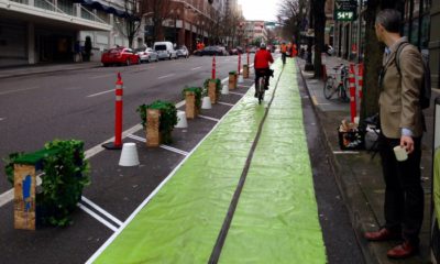 Image of a protected bike lane demonstration in Portland, Oregono