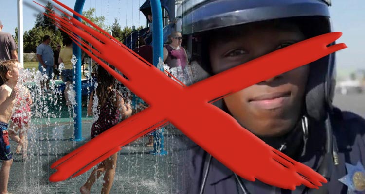 A red X over images of kids in a splash park and a police officer signifying that Fresno won't have a combined parks-public sales tax proposal on the November 2020 ballotfetye