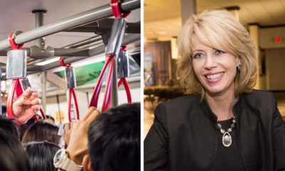 Side-by-side images of a bus interior and former Fresno Mayor Ashley Swearengin