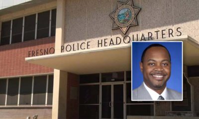 Portrait of Oliver Baines embedded into picture of front of Fresno Police headquarters