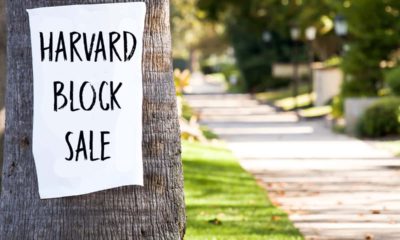 Photo of a Harvard Block Sale sign stuck to a tree in Fresno, California