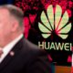 Photo of the Huawei logo and Mike Pompeo