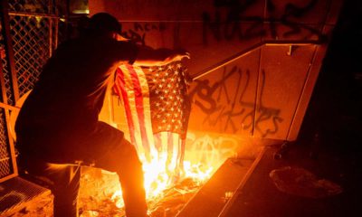 Photo of a protester burning a flag