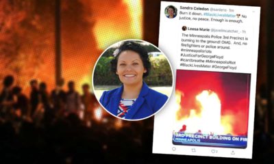 Portrait of Sandra Celedon combined with her controversial tweet on a background of a fire