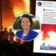 Portrait of Sandra Celedon combined with her controversial tweet on a background of a fire