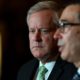 Treasury Secretary Steven Mnuchin speaks to reporters as White House chief of staff Mark Meadows