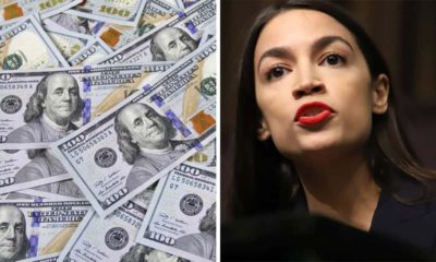 Composite image of $100 bills and Rep. Alexandria Ocasio-Cortez