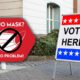 A composite image showing a No Mask No Problem sign next to a polling site