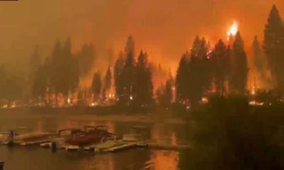 Photo of the Creek Fire as it nears a marina in Shaver Lake California