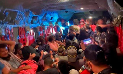 Photo of interior of a California National Guard helicopter jammed with people rescued from the Creek Fire at Mammoth Pool on Saturday, Sept. 5, 2020